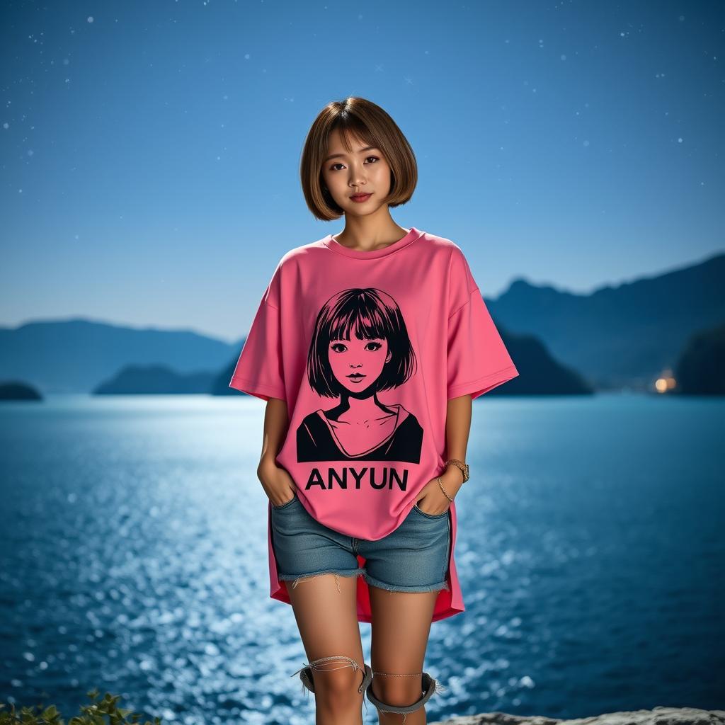 A beautiful Korean woman wearing a pink oversized t-shirt featuring an emo-style image of a woman with the text "ANyun"