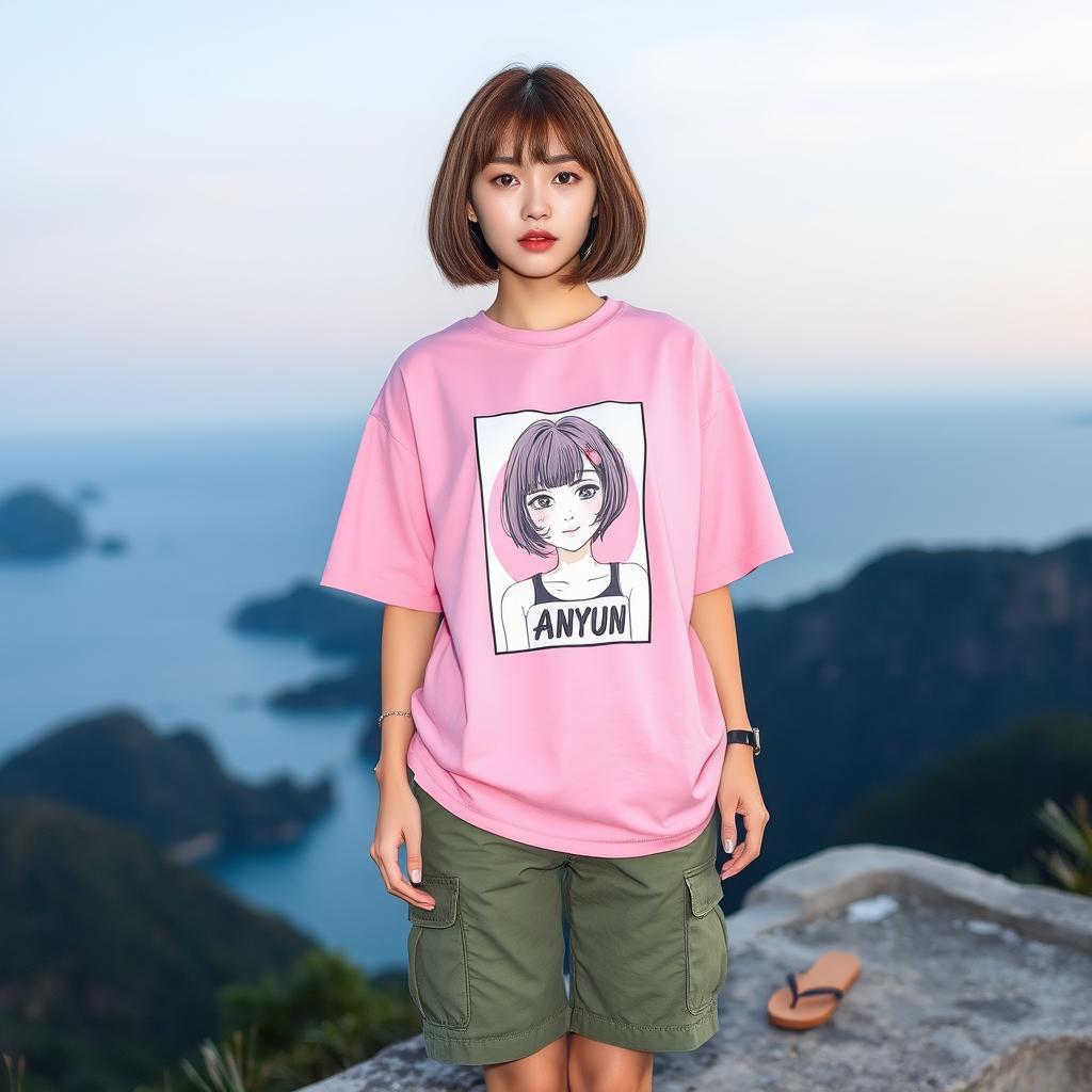 A beautiful Korean woman standing facing forward in the evening