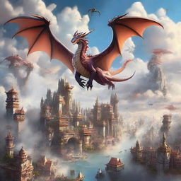 An awe-inspiring, beautiful city floating in the sky, draped in wispy clouds, with majestic dragons soaring around it.