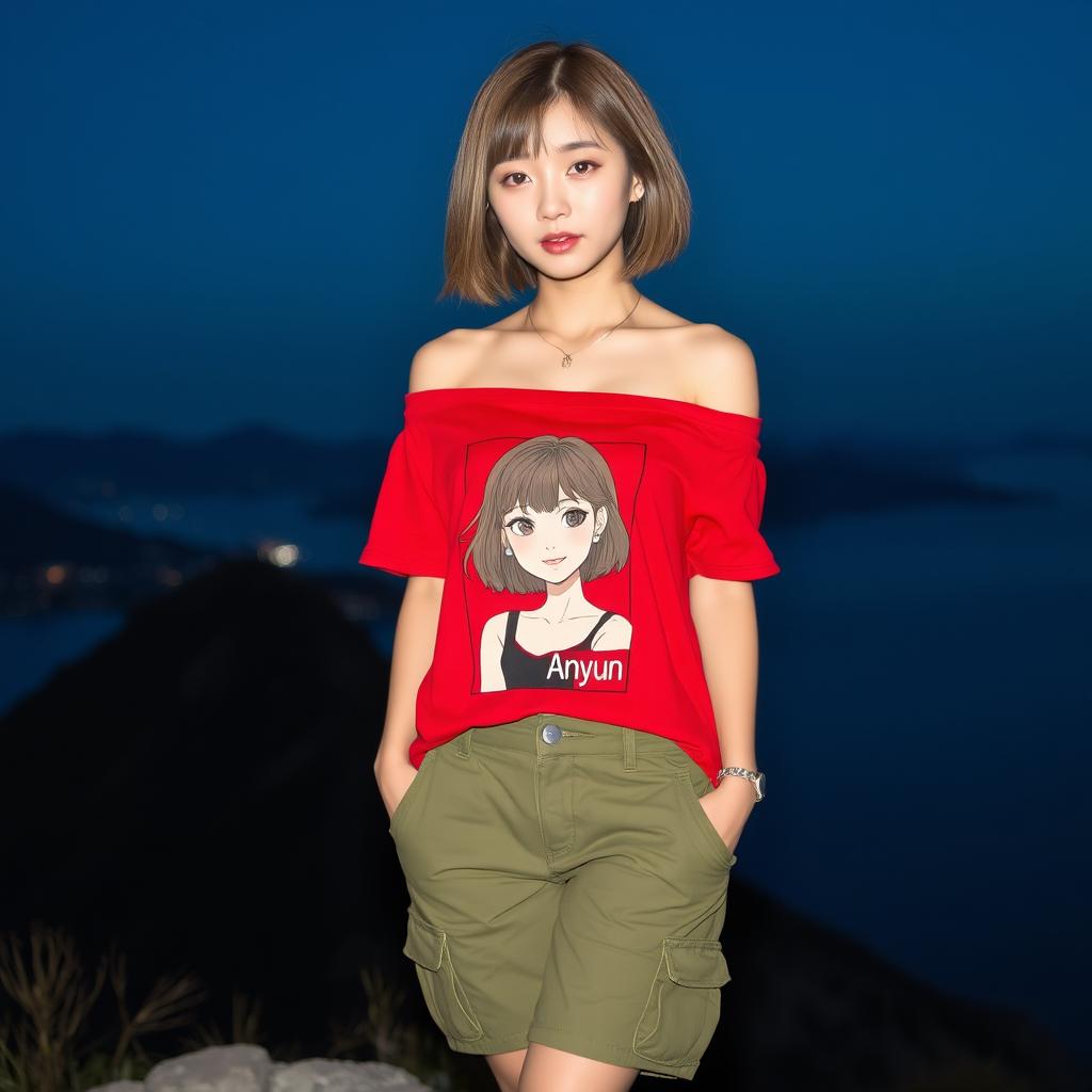 A beautiful Korean woman wearing a red off-shoulder t-shirt featuring an emo style illustration of a woman with the text "ANyun"