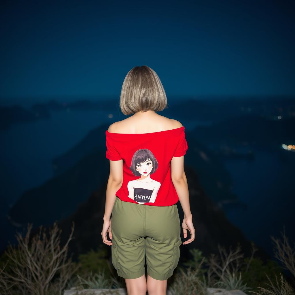 A beautiful Korean woman standing facing forward at night, wearing a red off-shoulder t-shirt featuring an emo-styled woman with the text 'ANyun'
