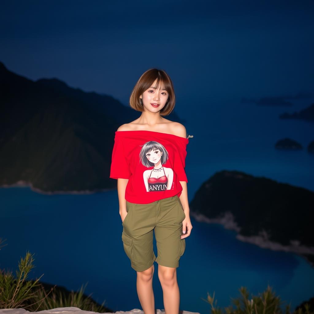 A beautiful Korean woman standing in the foreground, wearing a red off-shoulder t-shirt featuring an emo-style illustration of a woman with the text "ANyun"