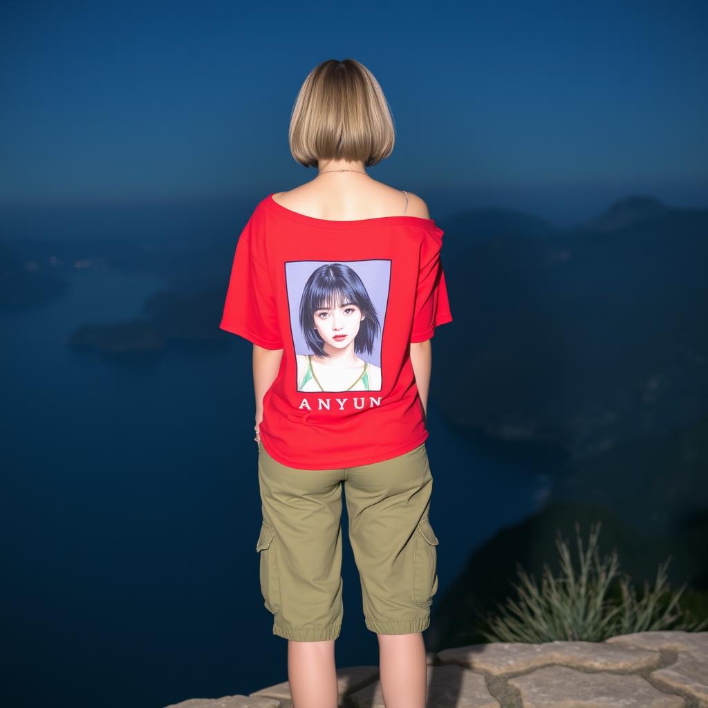 A beautiful Korean woman stands facing forward at night, wearing a red off-shoulder t-shirt featuring an emo-style graphic of a woman with the text "ANyun"