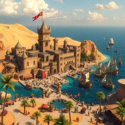 A stunning fantasy medieval coastal desert capital city, featuring majestic stone castles and towers with intricate gothic architecture, surrounded by a vibrant marketplace bustling with activity