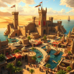 A stunning fantasy medieval coastal desert capital city, featuring majestic stone castles and towers with intricate gothic architecture, surrounded by a vibrant marketplace bustling with activity