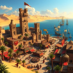 A stunning fantasy medieval coastal desert capital city, featuring majestic stone castles and towers with intricate gothic architecture, surrounded by a vibrant marketplace bustling with activity