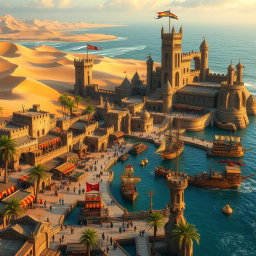 A stunning fantasy medieval coastal desert capital city, featuring majestic stone castles and towers with intricate gothic architecture, surrounded by a vibrant marketplace bustling with activity