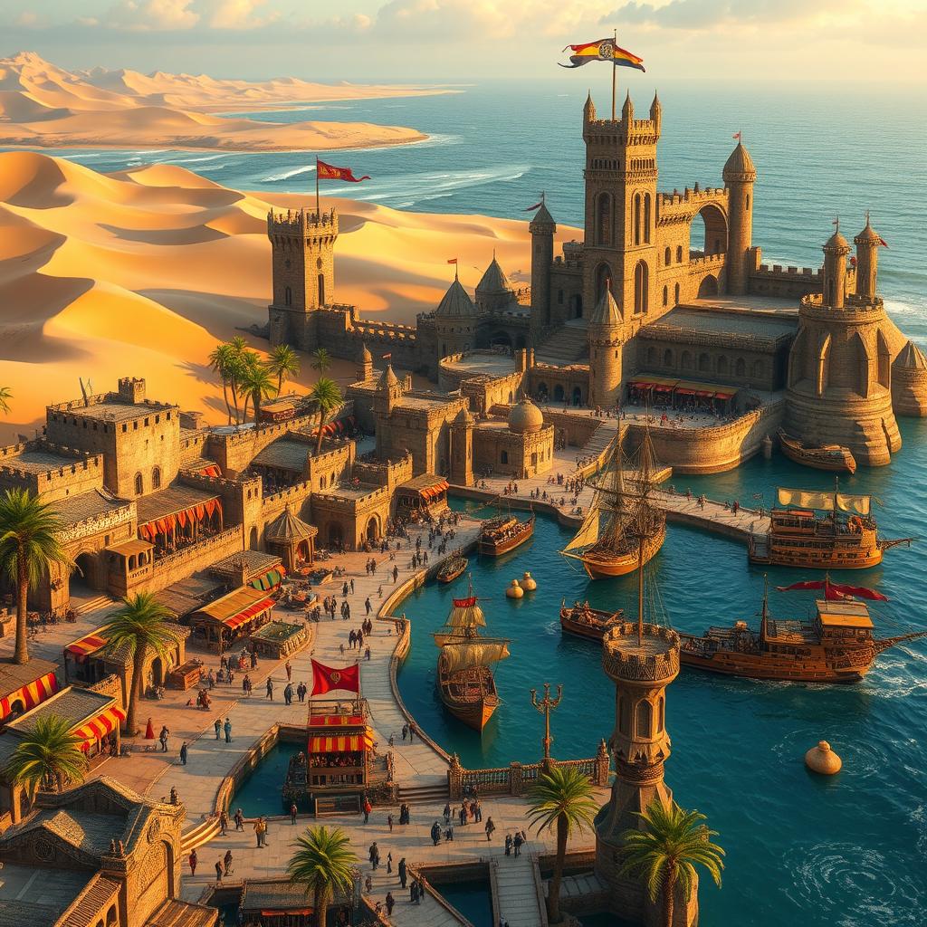 A stunning fantasy medieval coastal desert capital city, featuring majestic stone castles and towers with intricate gothic architecture, surrounded by a vibrant marketplace bustling with activity