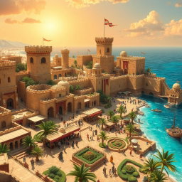 A fantasy medieval coastal desert capital city, characterized by towering sandstone castles and fortifications that overlook the shimmering turquoise sea