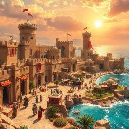 A fantasy medieval coastal desert capital city, characterized by towering sandstone castles and fortifications that overlook the shimmering turquoise sea