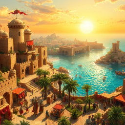 A fantasy medieval coastal desert capital city, characterized by towering sandstone castles and fortifications that overlook the shimmering turquoise sea