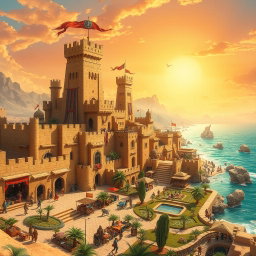 A fantasy medieval coastal desert capital city, characterized by towering sandstone castles and fortifications that overlook the shimmering turquoise sea
