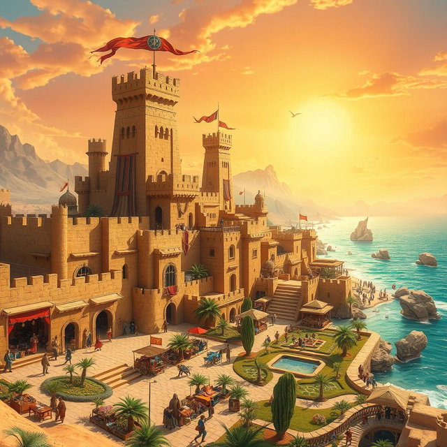 A fantasy medieval coastal desert capital city, characterized by towering sandstone castles and fortifications that overlook the shimmering turquoise sea
