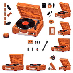 A pixel art spritesheet featuring a wooden record player (tocadiscos) with various animations and poses