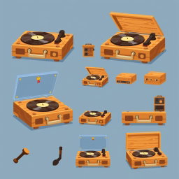 A pixel art spritesheet featuring a wooden record player (tocadiscos) with various animations and poses