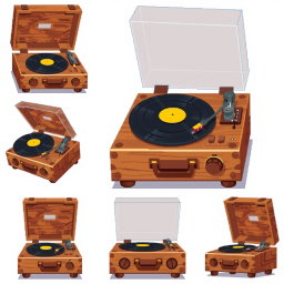 A pixel art spritesheet featuring a wooden record player (tocadiscos) with various animations and poses
