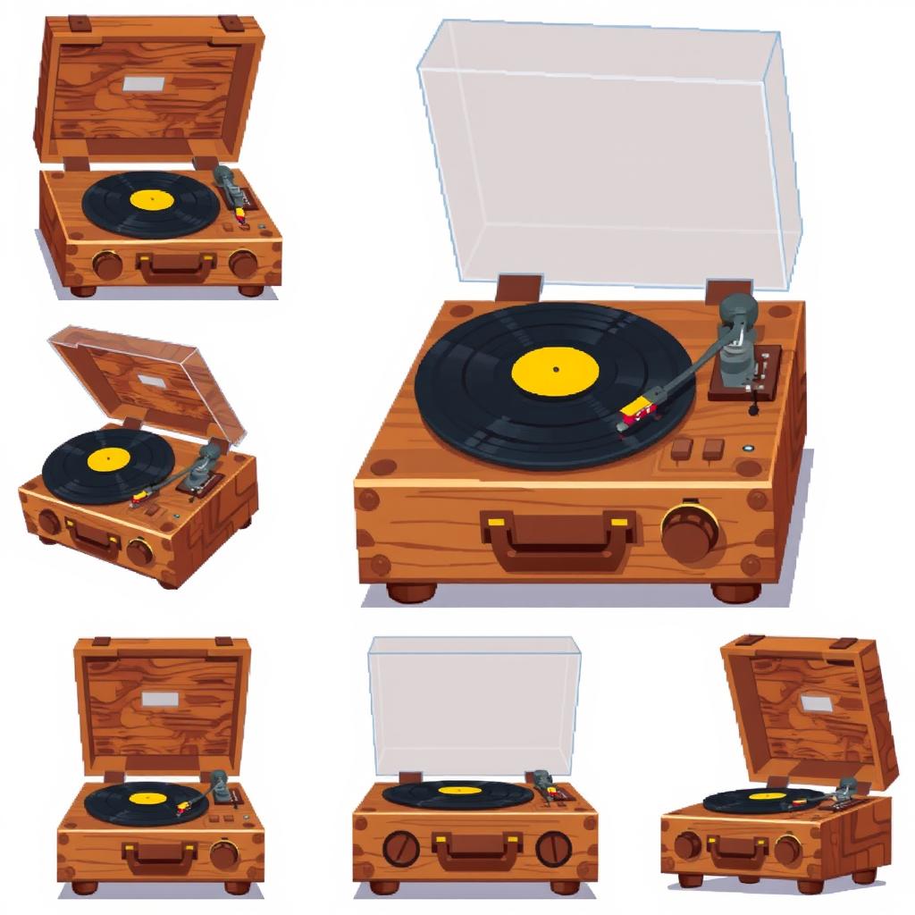 A pixel art spritesheet featuring a wooden record player (tocadiscos) with various animations and poses