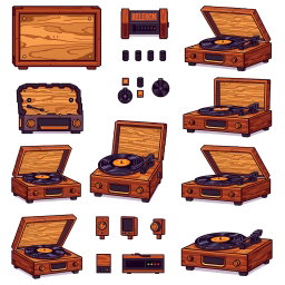 A pixel art spritesheet featuring a wooden record player (tocadiscos) with various animations and poses