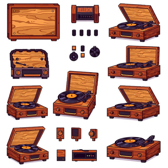 A pixel art spritesheet featuring a wooden record player (tocadiscos) with various animations and poses