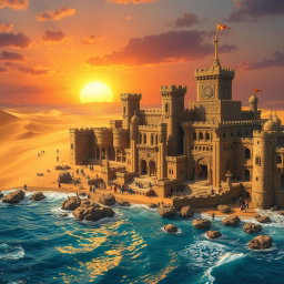 A captivating fantasy medieval coastal desert capital city, showcasing impressive stone castles and fortified towers with intricate carvings that reflect the artistry of a bygone era