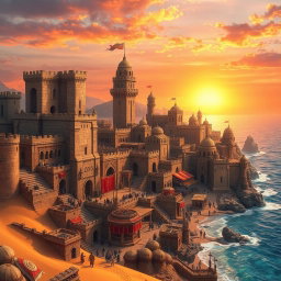 A captivating fantasy medieval coastal desert capital city, showcasing impressive stone castles and fortified towers with intricate carvings that reflect the artistry of a bygone era