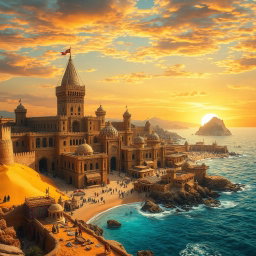 A captivating fantasy medieval coastal desert capital city, showcasing impressive stone castles and fortified towers with intricate carvings that reflect the artistry of a bygone era