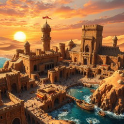 A captivating fantasy medieval coastal desert capital city, showcasing impressive stone castles and fortified towers with intricate carvings that reflect the artistry of a bygone era