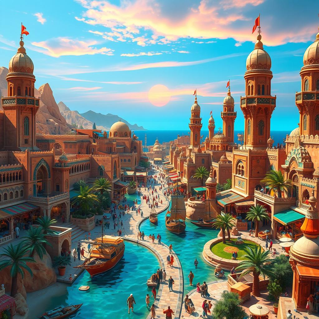 A breathtaking fantasy coastal desert capital city, seamlessly blending stunning sandy landscapes with vibrant seaside elements