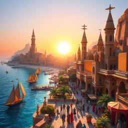 A breathtaking fantasy coastal desert capital city, seamlessly blending stunning sandy landscapes with vibrant seaside elements