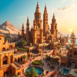 A breathtaking fantasy coastal desert capital city, seamlessly blending stunning sandy landscapes with vibrant seaside elements