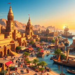 A breathtaking fantasy coastal desert capital city, seamlessly blending stunning sandy landscapes with vibrant seaside elements