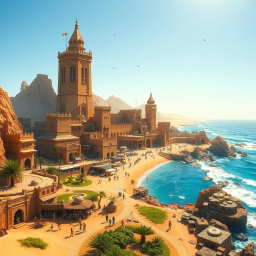 A stunning fantasy coastal desert capital city, perfectly balancing the rugged beauty of arid landscapes with the soothing allure of the ocean