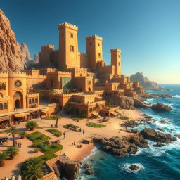 A stunning fantasy coastal desert capital city, perfectly balancing the rugged beauty of arid landscapes with the soothing allure of the ocean