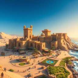 A stunning fantasy coastal desert capital city, perfectly balancing the rugged beauty of arid landscapes with the soothing allure of the ocean