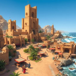A stunning fantasy coastal desert capital city, perfectly balancing the rugged beauty of arid landscapes with the soothing allure of the ocean