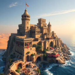 An enchanting fantasy coastal desert capital city, majestically built on a cliff that overlooks vast stretches of golden desert
