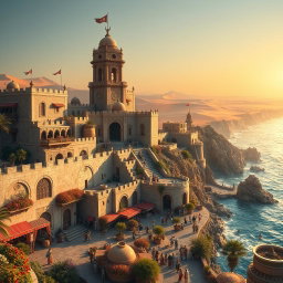 An enchanting fantasy coastal desert capital city, majestically built on a cliff that overlooks vast stretches of golden desert
