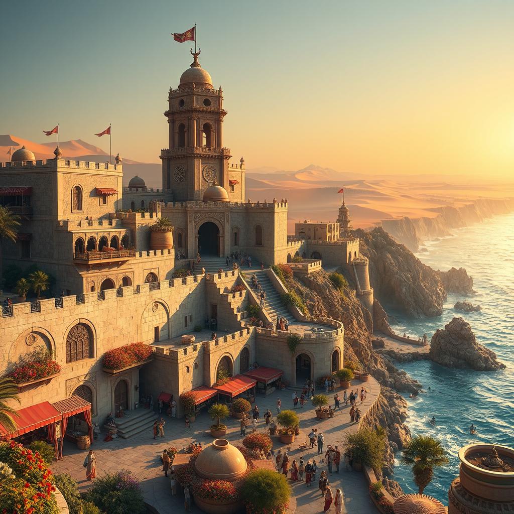 An enchanting fantasy coastal desert capital city, majestically built on a cliff that overlooks vast stretches of golden desert