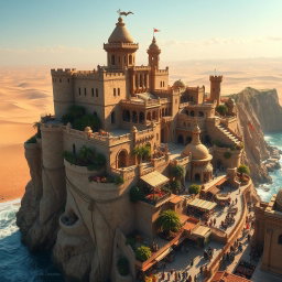 An enchanting fantasy coastal desert capital city, majestically built on a cliff that overlooks vast stretches of golden desert
