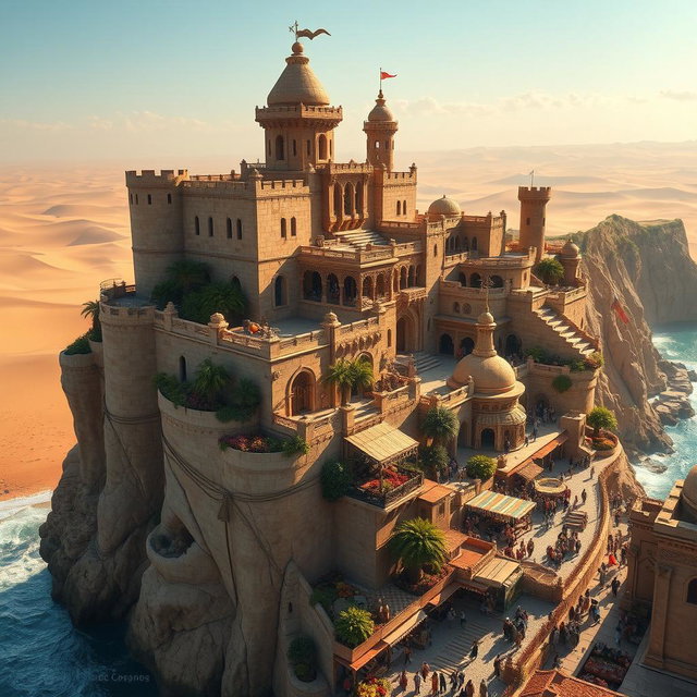 An enchanting fantasy coastal desert capital city, majestically built on a cliff that overlooks vast stretches of golden desert
