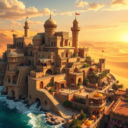 An enchanting fantasy coastal desert capital city, majestically built on a cliff that overlooks vast stretches of golden desert