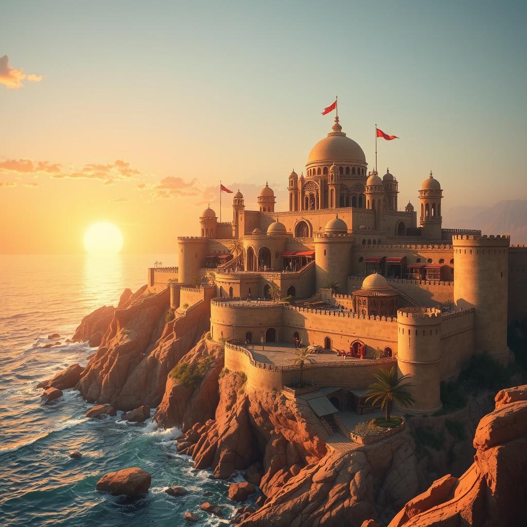 A magnificent fantasy coastal desert capital city enclosed by imposing walls, reflecting a blend of architectural brilliance and natural beauty
