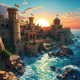 A magnificent fantasy coastal desert capital city enclosed by imposing walls, reflecting a blend of architectural brilliance and natural beauty