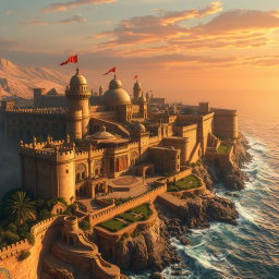 A magnificent fantasy coastal desert capital city enclosed by imposing walls, reflecting a blend of architectural brilliance and natural beauty