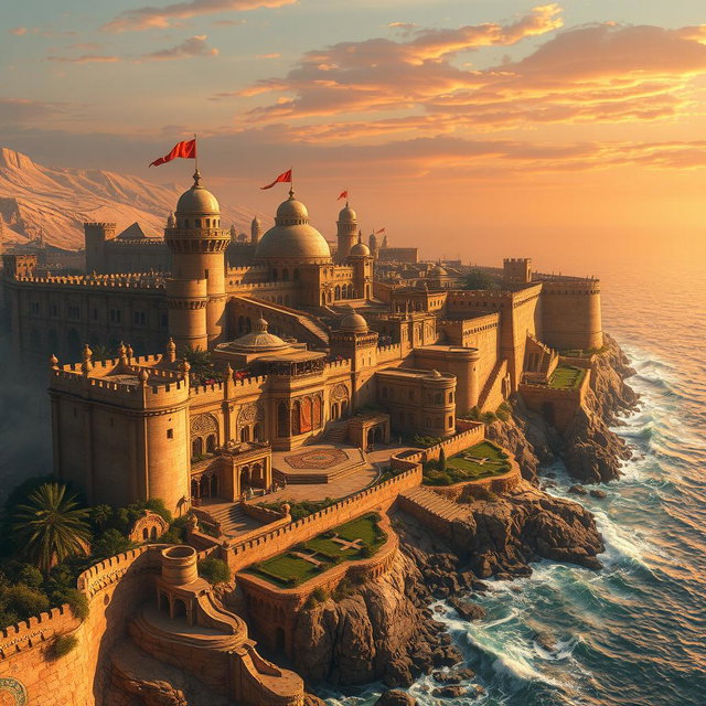 A magnificent fantasy coastal desert capital city enclosed by imposing walls, reflecting a blend of architectural brilliance and natural beauty