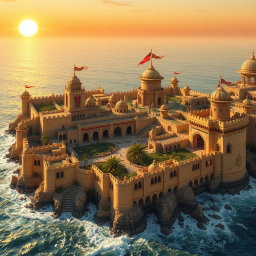 A magnificent fantasy coastal desert capital city enclosed by imposing walls, reflecting a blend of architectural brilliance and natural beauty