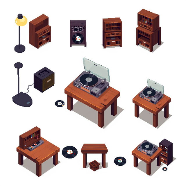 A pixel art spritesheet depicting a wooden table with a vintage turntable on top, showcasing various angles and perspectives of the scene