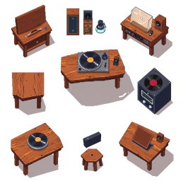 A pixel art spritesheet depicting a wooden table with a vintage turntable on top, showcasing various angles and perspectives of the scene