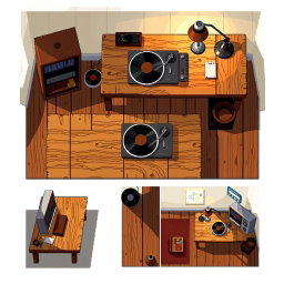 A pixel art spritesheet depicting a wooden table with a vintage turntable on top, showcasing various angles and perspectives of the scene