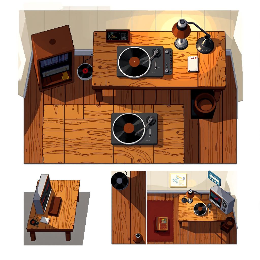 A pixel art spritesheet depicting a wooden table with a vintage turntable on top, showcasing various angles and perspectives of the scene